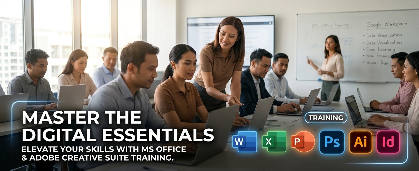 Microsoft Office and Adobe Creative Suite training — instructor guiding students at their laptops