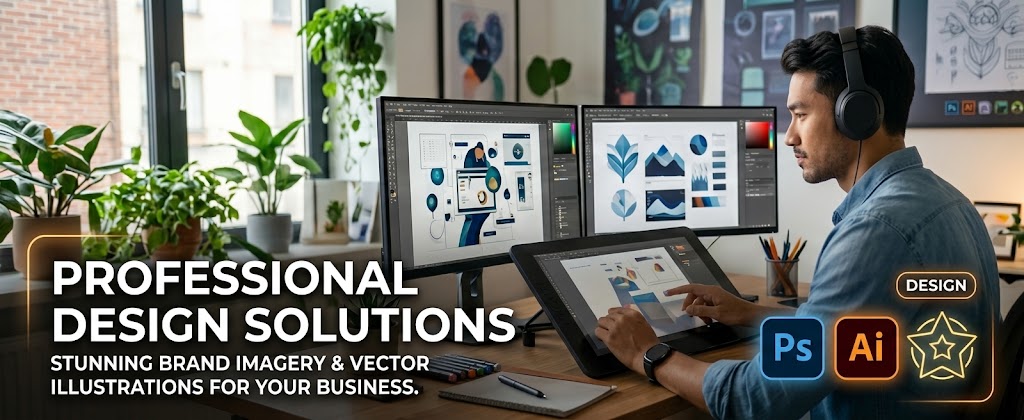 Professional design solutions — designer working in Photoshop and Illustrator